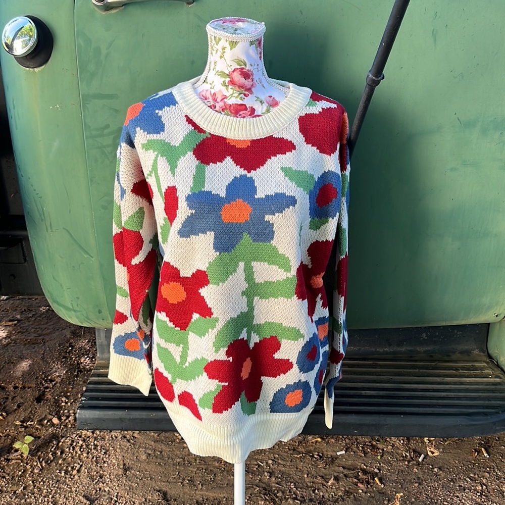 New Crew Neck Ivory Floral Knit Sweater with Red, Blue, Green, Orange Flowers - Picture 9 of 17